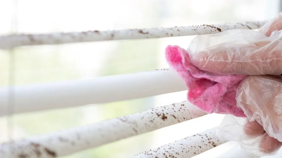 A gloved hand wiping dust from white window blinds